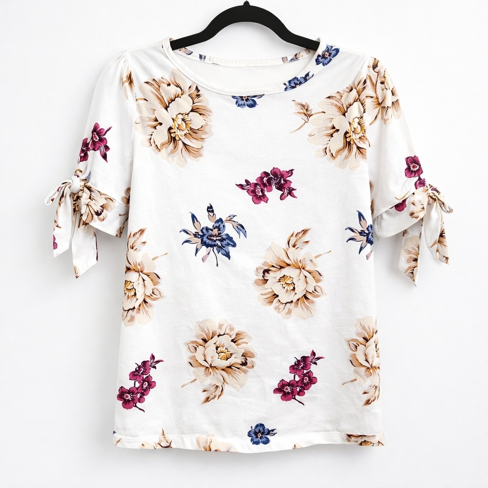 Ann Taylor Floral Blouse with Tie Sleeves
